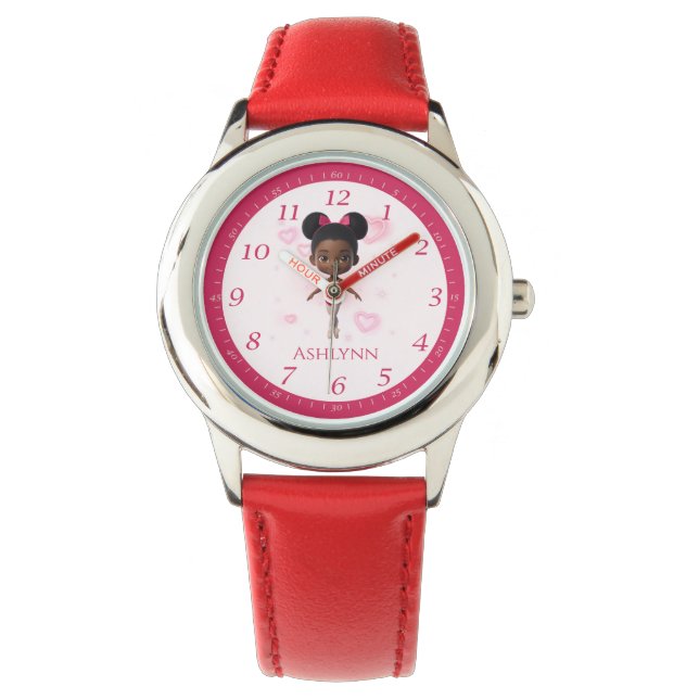 Gepersonaliseerde Rode Ballerina Leer De Tijd Te V Horloge (Voorkant)