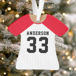 Gepersonaliseerde Rode Baseball Jersey Ornament<br><div class="desc">Vier je honkbalster met dit gepersonaliseerde rode en witte streepjesjersey-ornament. Perfect voor het herdenken van een speciaal seizoen,  speler of team. Pas het aan met een naam en nummer om een unieke aandenken te creëer.</div>