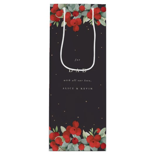 Gepersonaliseerde rode bessen + eucalyptus kerst wijn cadeautas (Voorkant)
