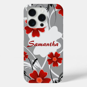 Gepersonaliseerde Rode Bloemen en Silhouette iPhone 15 Pro Case