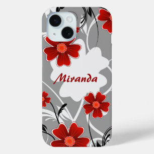 Gepersonaliseerde Rode Bloemen en Silhouette iPhone 15 Case