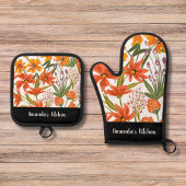 Gepersonaliseerde rode bloemenscript aangepaste na ovenwant & pannenlap set