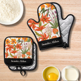 Gepersonaliseerde rode bloemenscript aangepaste na ovenwant & pannenlap set