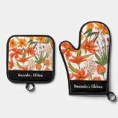 Gepersonaliseerde rode bloemenscript aangepaste na ovenwant & pannenlap set (Voorkant)