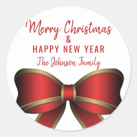 Gepersonaliseerde rode boog witte vrolijke kerstbo ronde sticker (Voorkant)