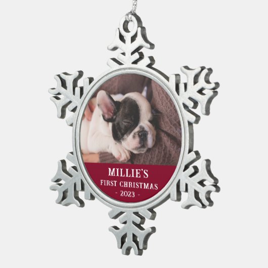 Gepersonaliseerde rode eerste kerst puppy foto tin sneeuwvlok ornament (Rechts)