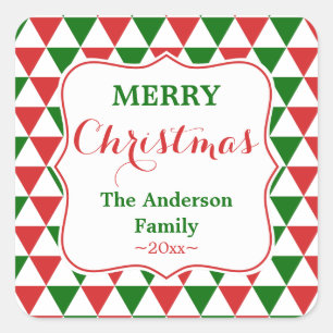 Gepersonaliseerde rode en groene kerstdriehoek vierkante sticker
