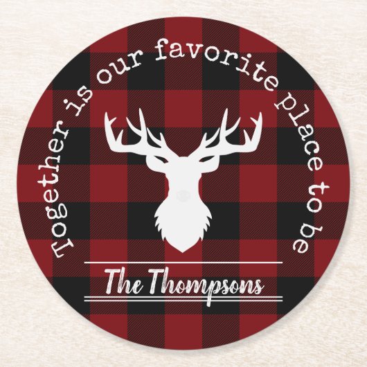 Gepersonaliseerde rode en zwarte buffelplaat ronde kartonnen onderzetter (Voorkant)