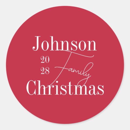Gepersonaliseerde rode familienaam Kerstmis Ronde Sticker (Voorkant)