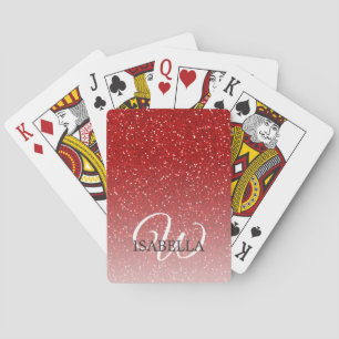 Gepersonaliseerde rode glitter Ombre naam Monogram Pokerkaarten