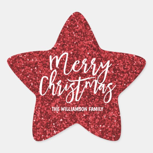 Gepersonaliseerde rode glitter & witte vrolijke ke ster sticker (Voorkant)