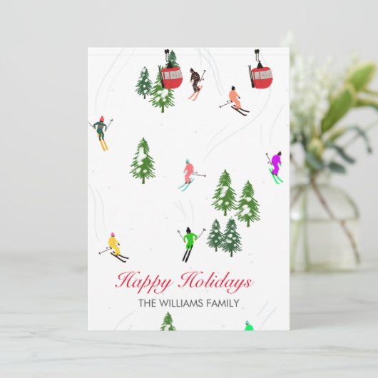 Gepersonaliseerde rode gondel ski Feestdagen illus Feestdagenkaart (Staand voorkant)