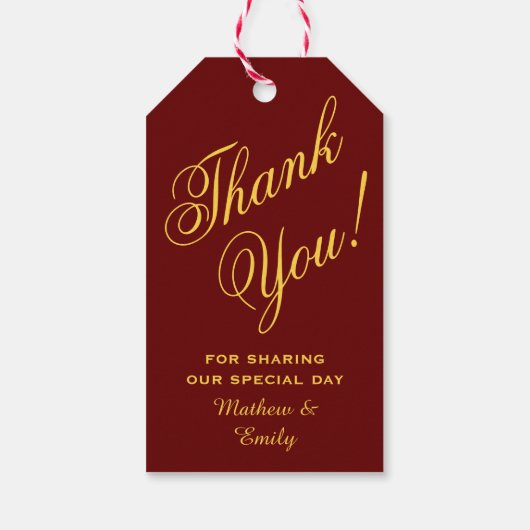 Gepersonaliseerde rode goud dank u bruiloft gunst cadeaulabel (Achterkant)
