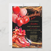 Gepersonaliseerde rode gouden sneaker bal verjaard kaart (Voorkant)