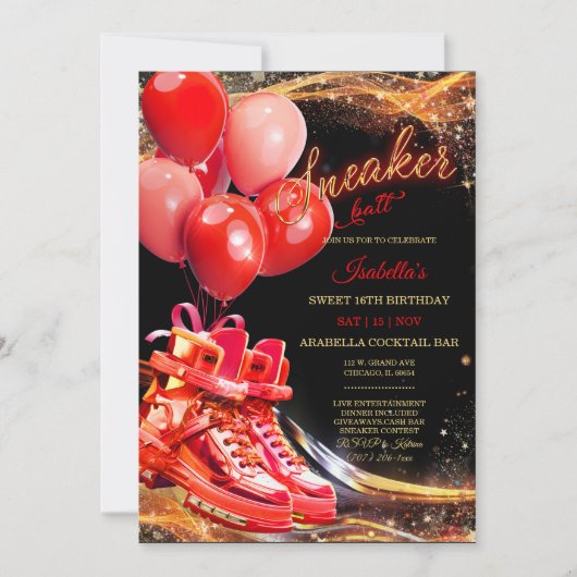 Gepersonaliseerde rode gouden sneaker bal verjaard kaart (Voorkant)