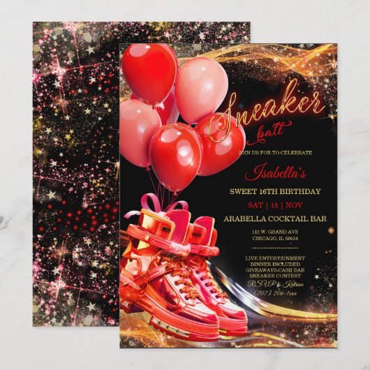 Gepersonaliseerde rode gouden sneaker bal verjaard kaart (Voorkant / Achterkant)