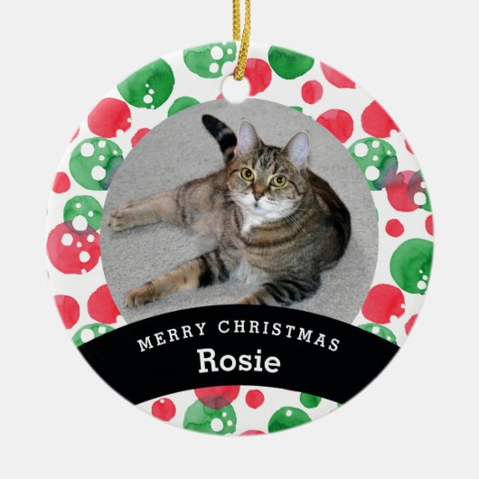 Gepersonaliseerde Rode Groene Waterverf Stippen vo Keramisch Ornament (Voorkant)