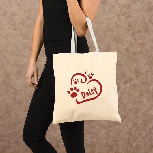 Gepersonaliseerde Rode Hart en Poot Prints Canvas Tote Bag