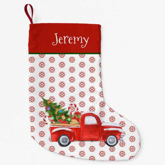 Gepersonaliseerde  Rode Kerstmis Vrachtwagen Sneeu Kleine Kerstsok (Voorkant)