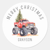 Gepersonaliseerde Rode Monster Truck Kerstcadeau Ronde Sticker (Voorkant)