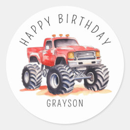 Gepersonaliseerde Rode Monster Truck Verjaardagsca Ronde Sticker