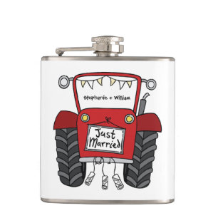 Gepersonaliseerde rode tractor land bruiloft cadea heupfles