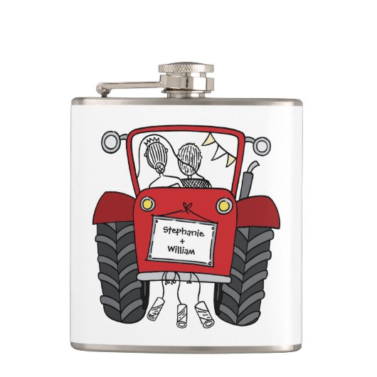 Gepersonaliseerde rode tractor land bruiloft cadea heupfles (Voorkant)