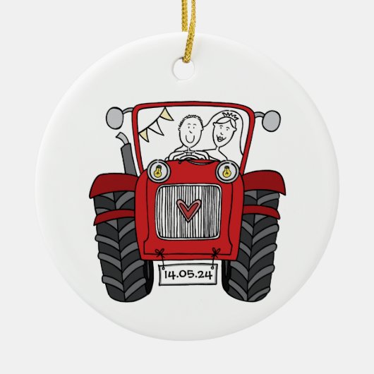 Gepersonaliseerde rode tractor land bruiloft cadea keramisch ornament (Voorkant)