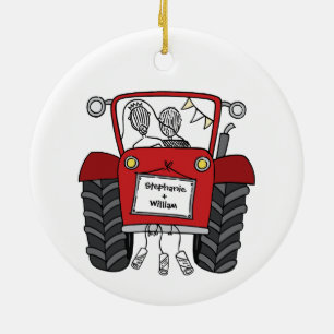 Gepersonaliseerde rode tractor land bruiloft cadea keramisch ornament