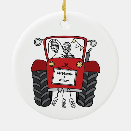 Gepersonaliseerde rode tractor land bruiloft cadea keramisch ornament (Achterkant)