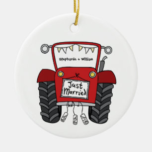 Gepersonaliseerde rode tractor land bruiloft cadea keramisch ornament