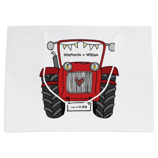 Gepersonaliseerde rode tractor land bruiloft gesch groot cadeauzakje (Voorkant)