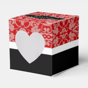 Gepersonaliseerde Rode Zwart & Wit Damask Hart Box Bedankdoosjes