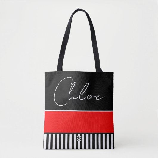 Gepersonaliseerde rode, zwart-wit-gestreepte Canva Tote Bag (Voorkant)