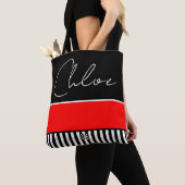 Gepersonaliseerde rode, zwart-wit-gestreepte Canva Tote Bag (Dichtbij)