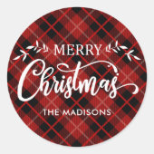 Gepersonaliseerde Rode Zwarte Kerstmis Plaid Ronde Sticker (Voorkant)