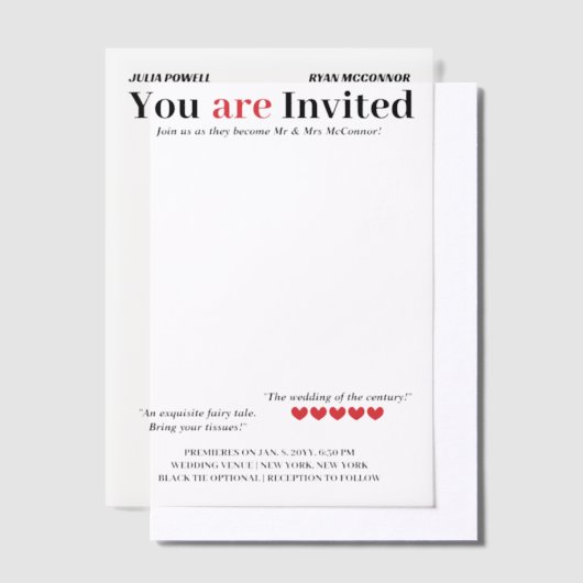 Gepersonaliseerde Romcom Poster bruiloft overlay Vellum Uitnodigingen (Offset)
