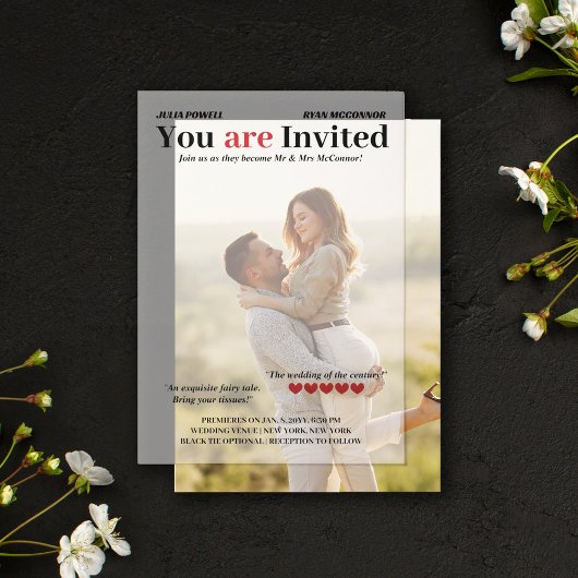 Gepersonaliseerde Romcom Poster bruiloft overlay Vellum Uitnodigingen