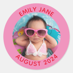 Gepersonaliseerde ronde gezelfsfoto met roze en ro sticker
