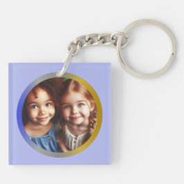 Gepersonaliseerde Ronde Twee Foto's, Blauw Zilver  Sleutelhanger