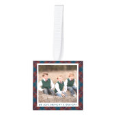 Gepersonaliseerde rood blauw geruite kerst foto decoratie (Voorkant)