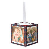 Gepersonaliseerde rood blauw geruite kerst foto decoratie (Achter hoekig)