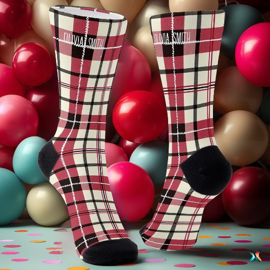 Gepersonaliseerde Rood en Wit Tartan Plakken Custo Sokken