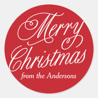 Gepersonaliseerde rood en wit vrolijk kerstfeest ronde sticker