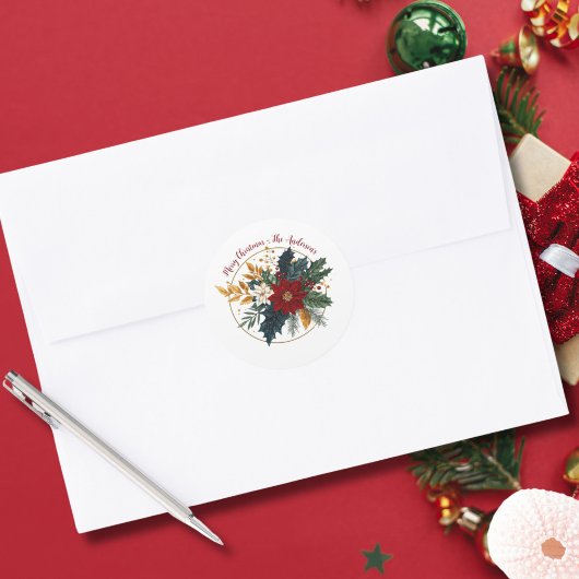 Gepersonaliseerde rood groen gouden bloem Kerstmis Ronde Sticker