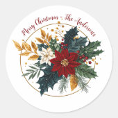 Gepersonaliseerde rood groen gouden bloem Kerstmis Ronde Sticker (Voorkant)