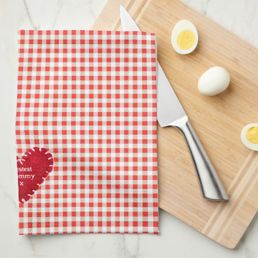 Gepersonaliseerde rood vilt hart Gingham Moederdag Theedoek (Quarter Fold)