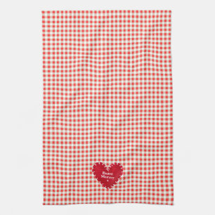 Gepersonaliseerde rood vilt hart Gingham Moederdag Theedoek