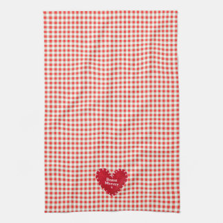 Gepersonaliseerde rood vilt hart Gingham Moederdag Theedoek