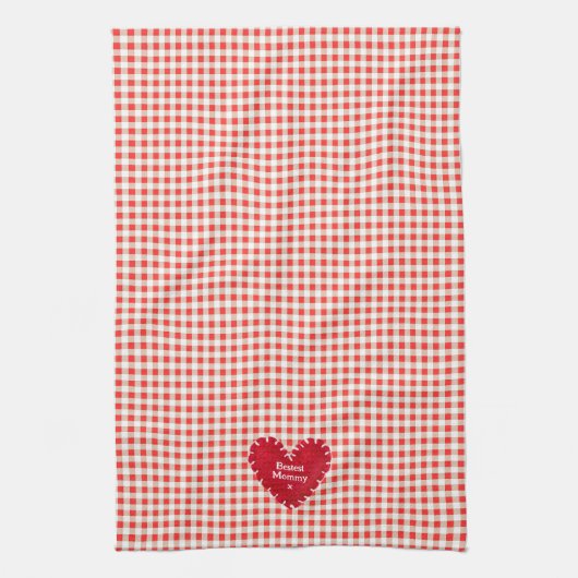 Gepersonaliseerde rood vilt hart Gingham Moederdag Theedoek (Verticaal)